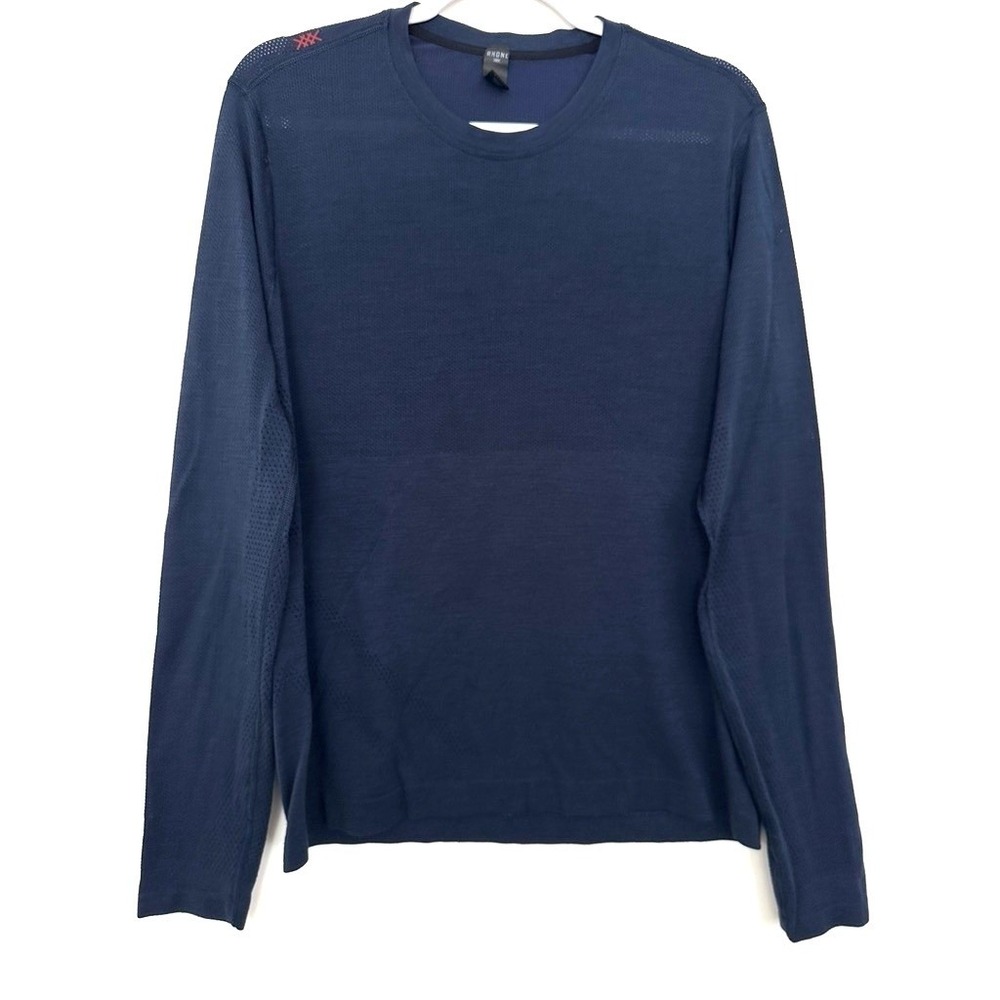 Rhone Mens Navy Blue Wool Vented Long Sleeve Performance Crewneck Shirt Size M